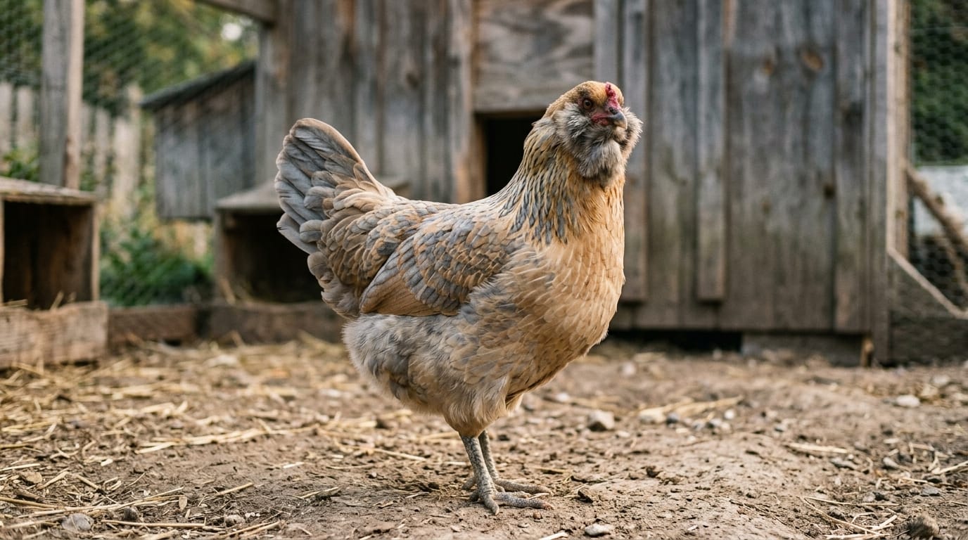 Easter Egger hen with feathered muffs and beard in a backyard run
