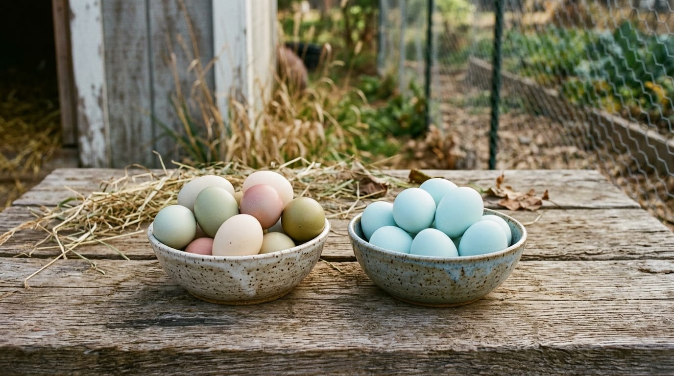 Comparison of varied easter egger chicken beside uniform blue Ameraucana eggs