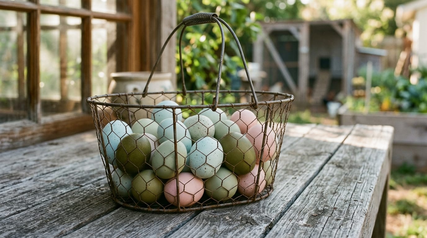 Wire basket of blue, green, olive, and pink Easter Egger eggs