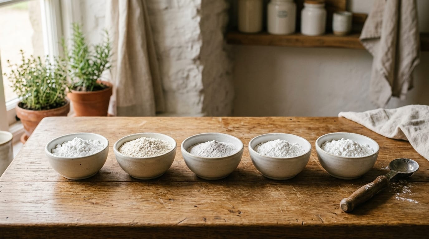 Bowls of cornstarch, flour, arrowroot, tapioca and potato starch side by side