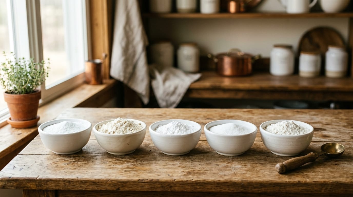 Bowls of cornstarch substitutes, flour, arrowroot, tapioca and potato starch side by side