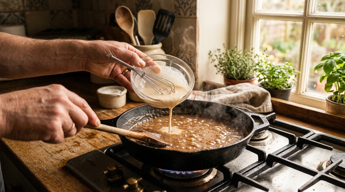 Whisking a flour slurry into a pan of gravy on the stove
