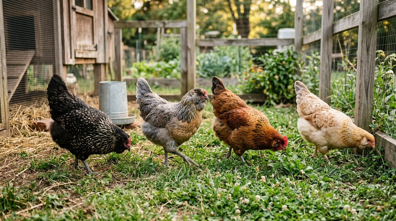 Small flock of Easter Eggers each with different plumage in a grassy run