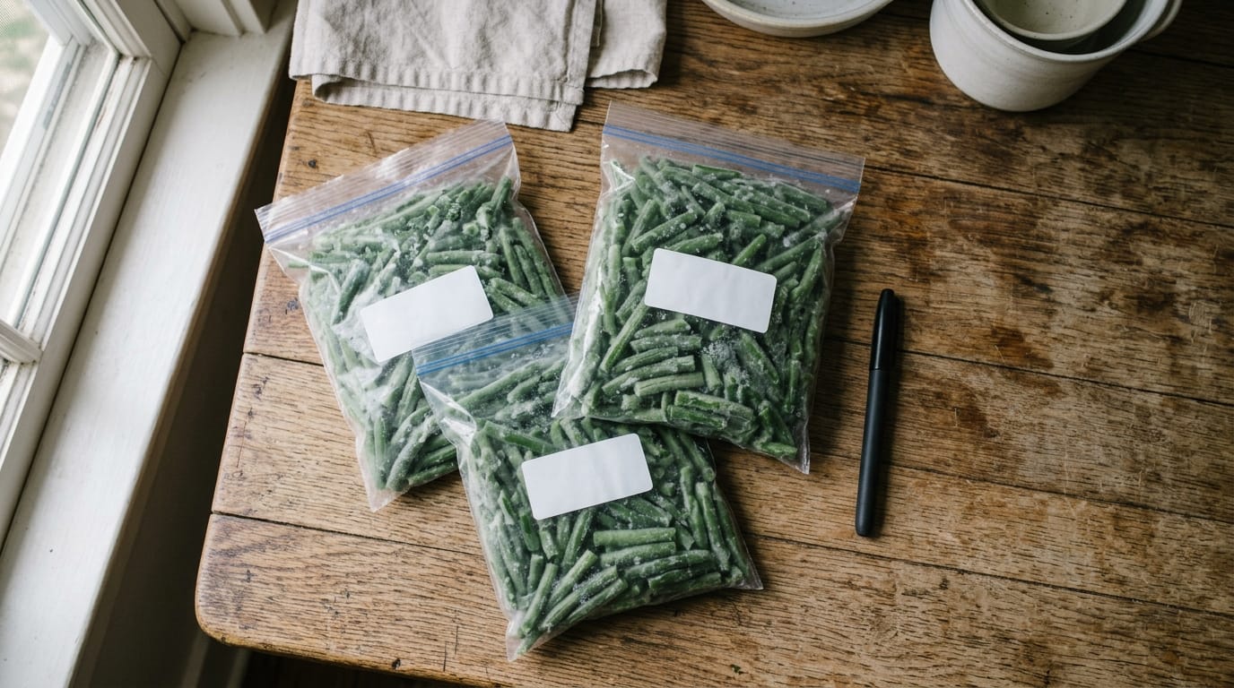 Flat freezer bags of green beans labeled with dates, stacked on a wooden counter ready for the freezer