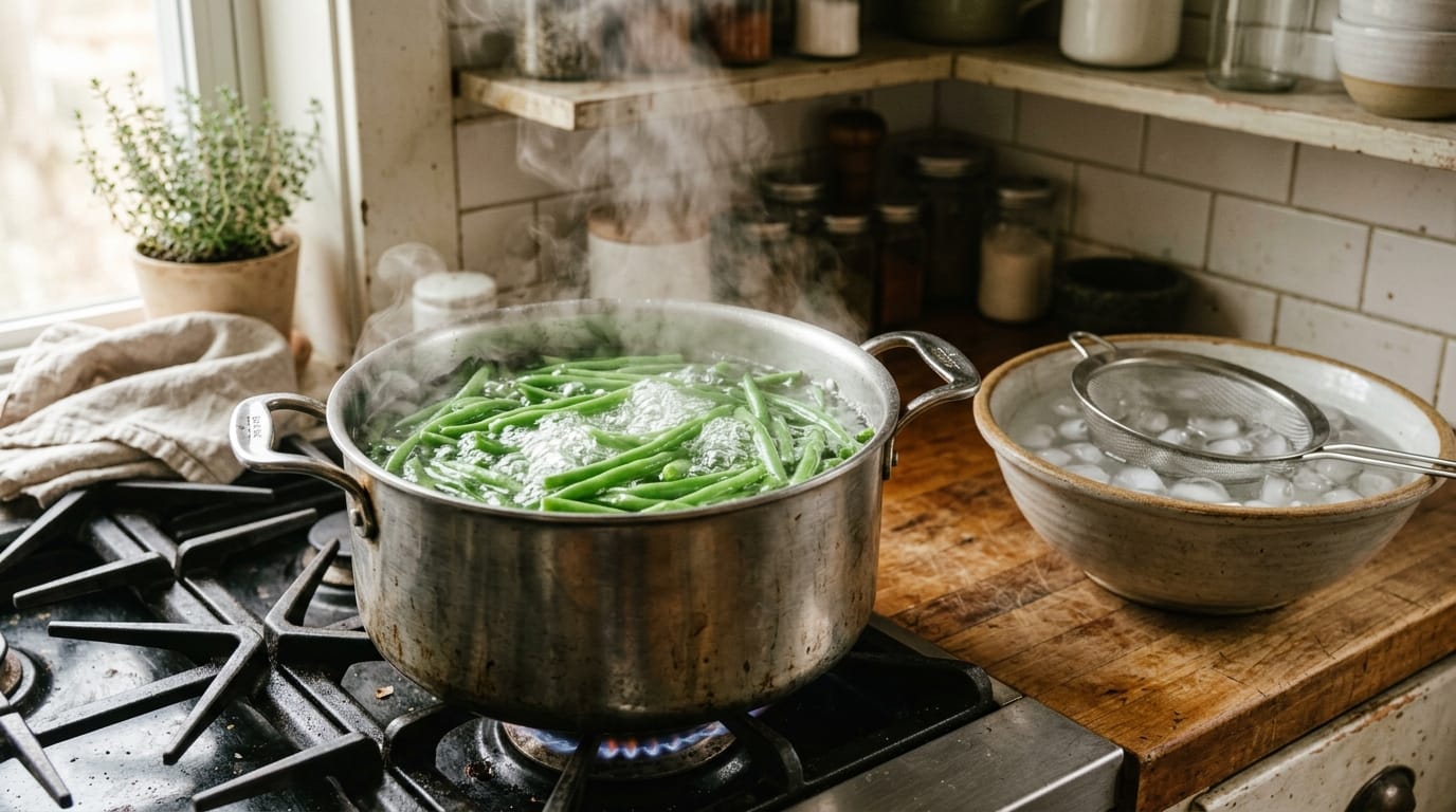 Green beans blanching in a large pot of boiling water on a home stovetop, with a bowl of ice water waiting beside the stove