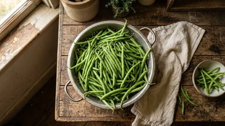 Colander overflowing with freshly picked green beans on a farmhouse kitchen counter