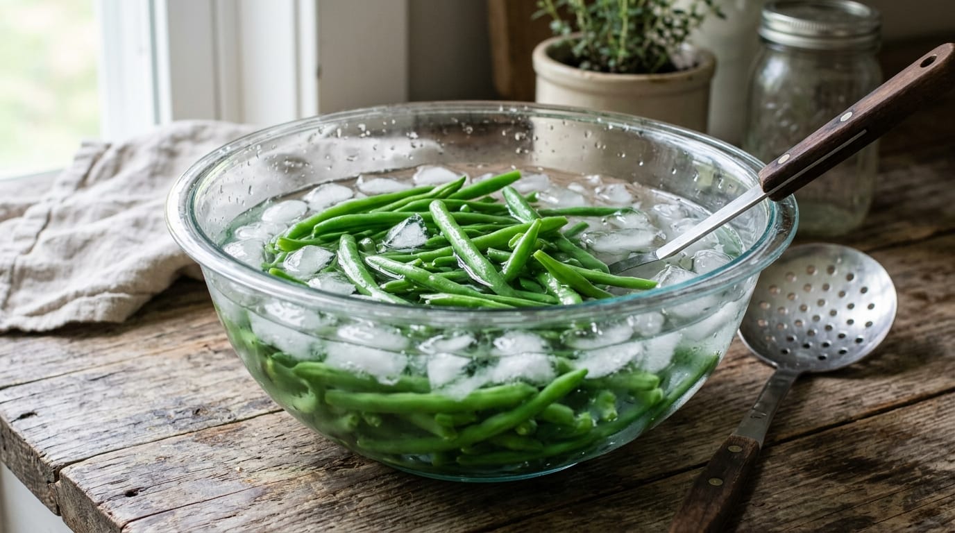 right green blanched beans being shocked in a glass bowl of ice water next to the stove