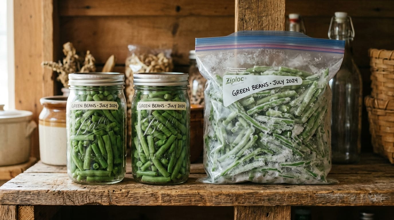 Pressure-canned jars of green beans beside a frosted freezer bag of beans on a rustic pantry shelf, how to freeze green beans
