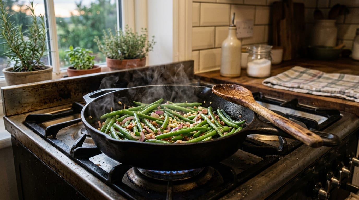 Frozen green beans finishing in a cast iron skillet on the stovetop with steam rising