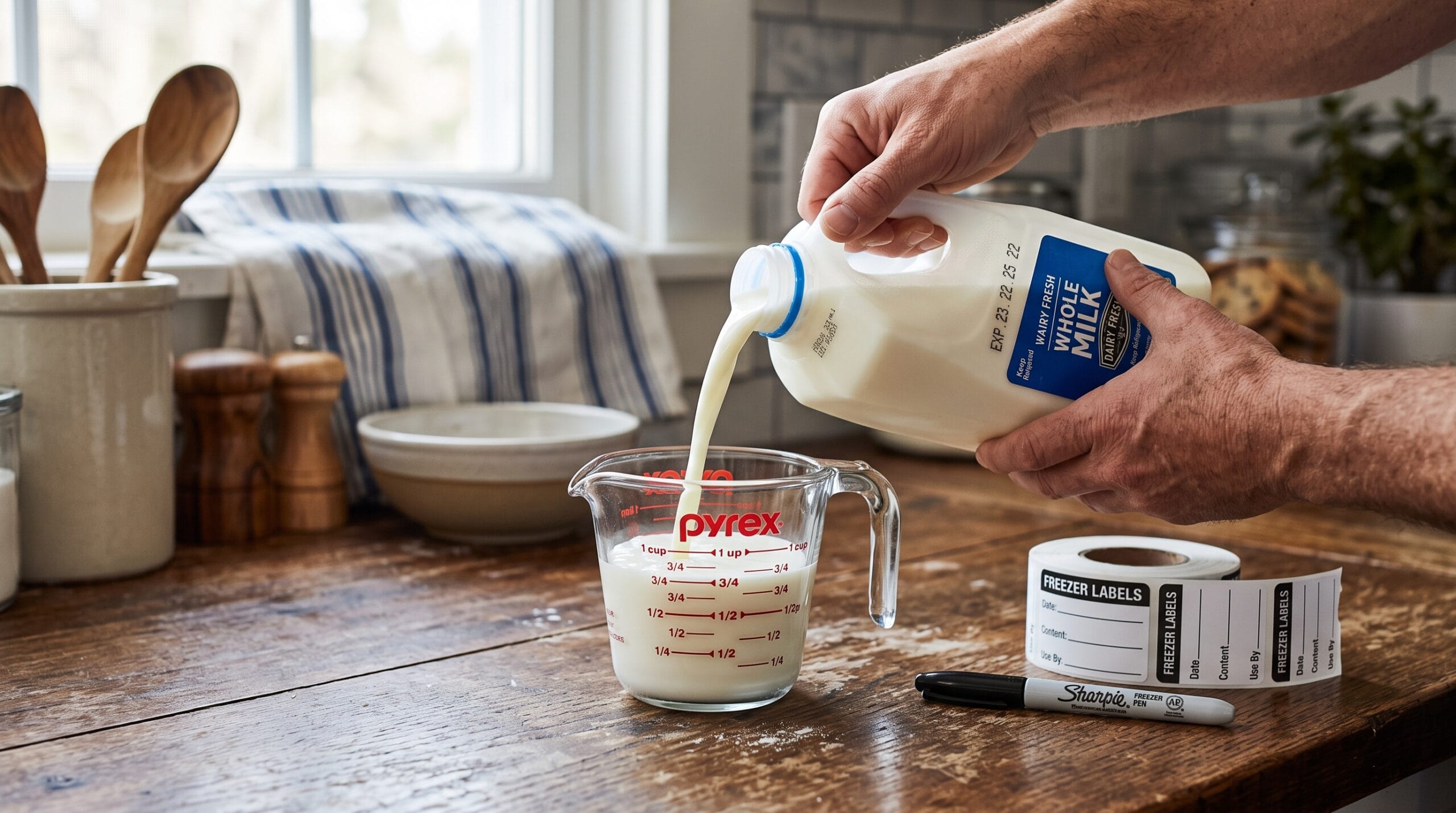 Pouring a cup of milk out of a full jug to leave expansion room before freezing