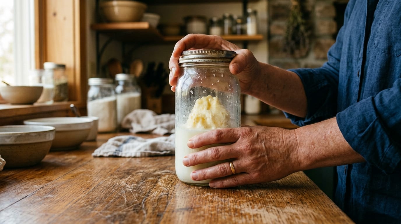 Hands holding a closed mason jar with a yellow butter lump and cloudy buttermilk inside