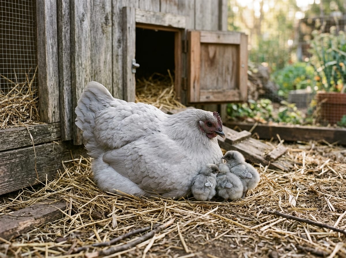  A broody lavender Orpington hen with fluffy lavender chicks