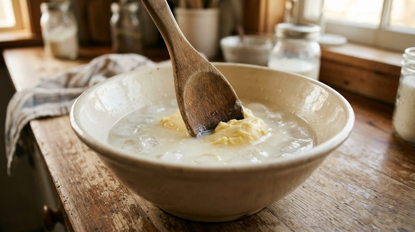 Homemade butter being pressed with a wooden spoon in a bowl of cloudy ice water