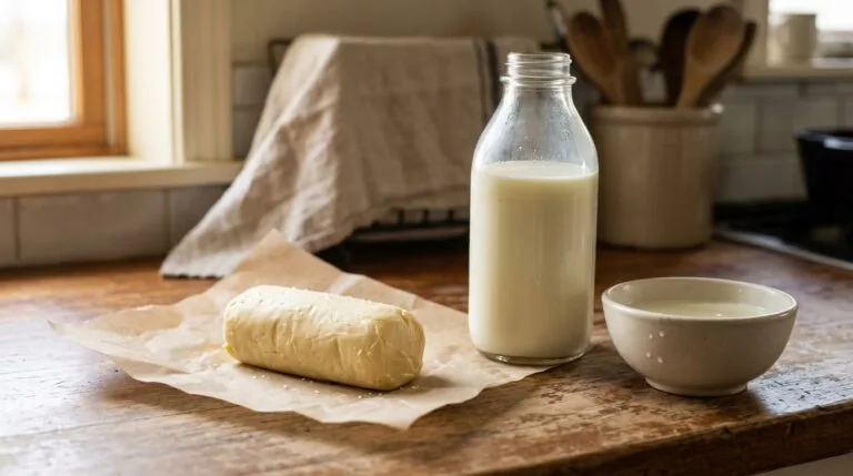 Fresh homemade butter on parchment beside a bottle of non-homogenized milk with a visible cream line