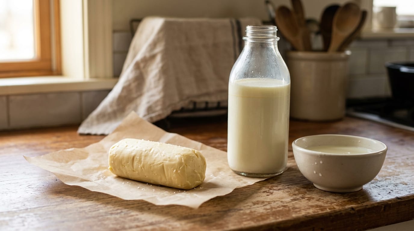 Fresh homemade butter on parchment beside a bottle of non-homogenized milk with a visible cream line
