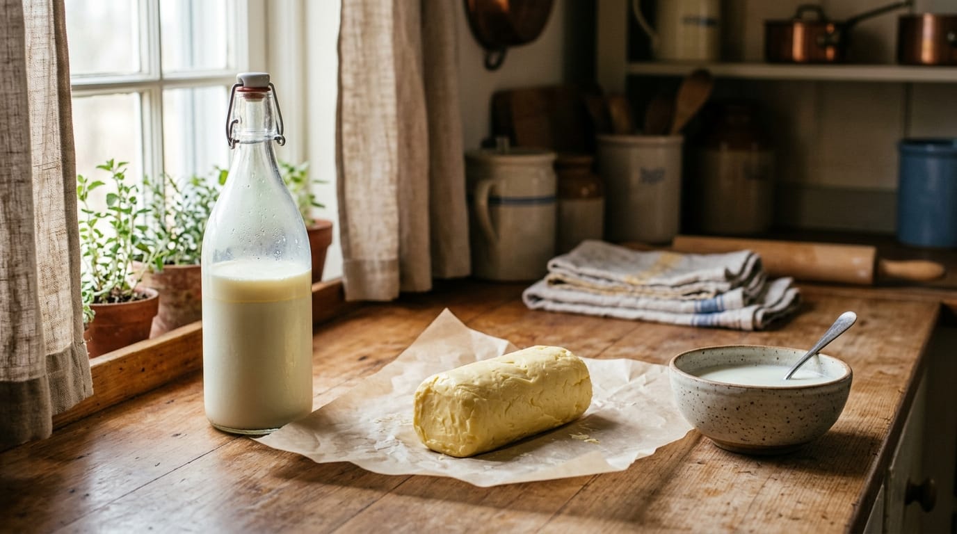 Fresh homemade butter on parchment beside a bottle of non-homogenized milk with a visible cream line