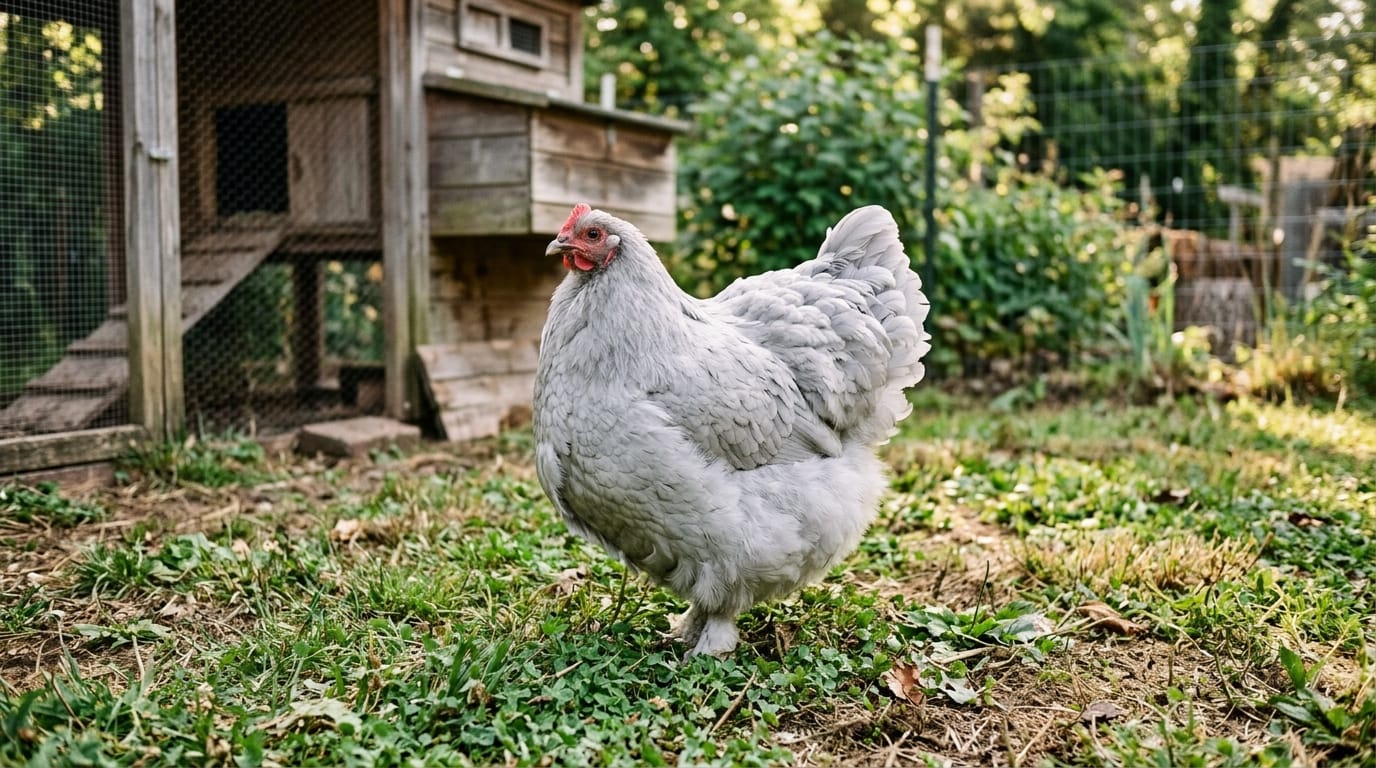 Lavender Orpington hen with soft silvery-gray plumage in a backyard run