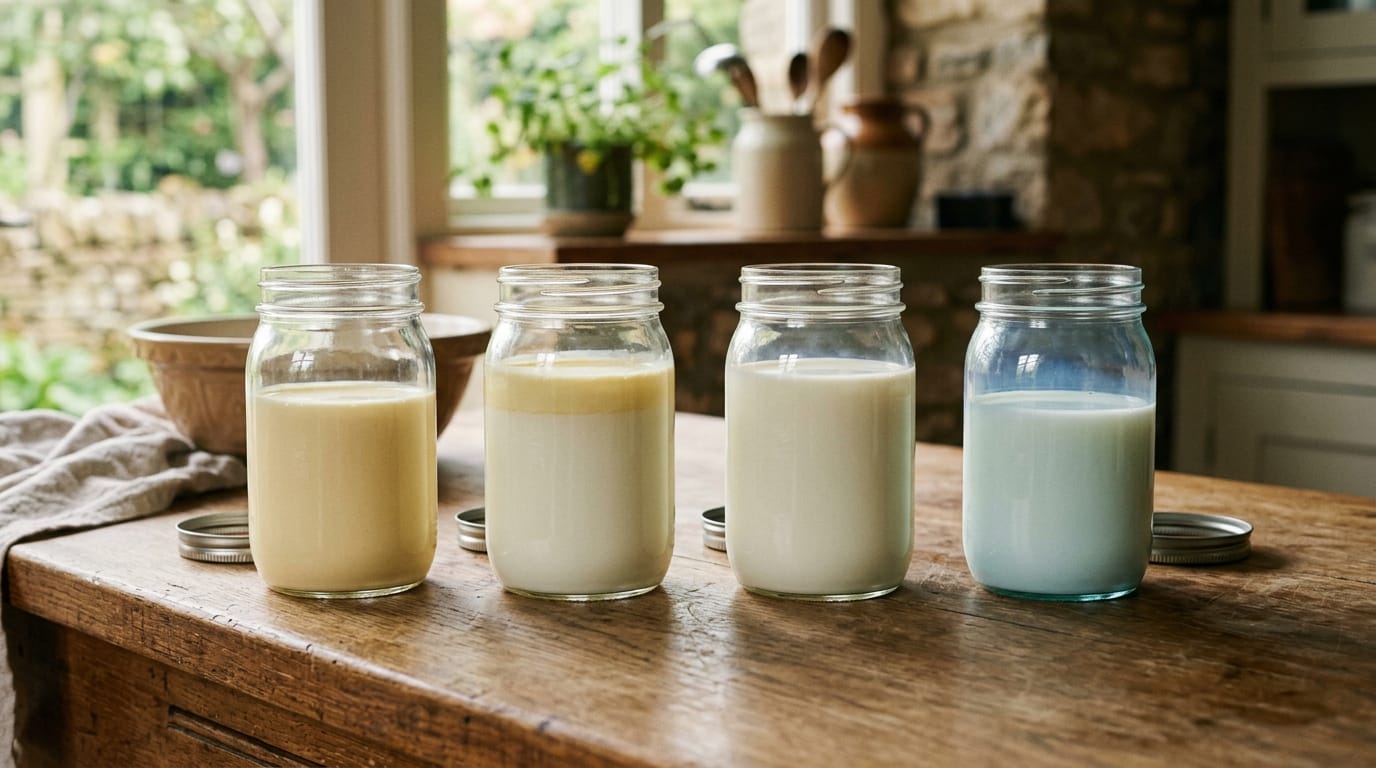 Four glass containers comparing heavy cream, cream-top whole milk, homogenized milk, and skim milk