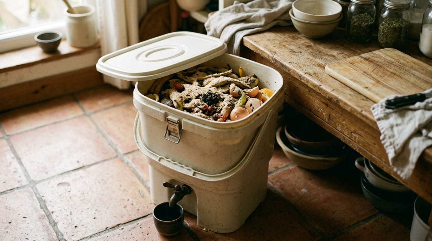 A sealed bokashi fermentation bucket with food scraps and bran