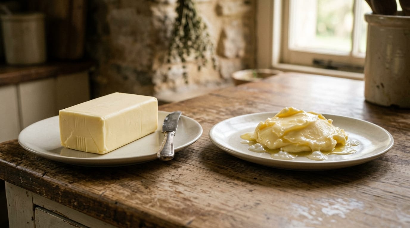 Firm homemade butter on one plate beside soft butter leaking cloudy droplets on another