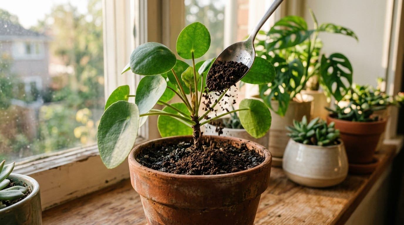 Adding dark worm castings to the top of a potted houseplant
