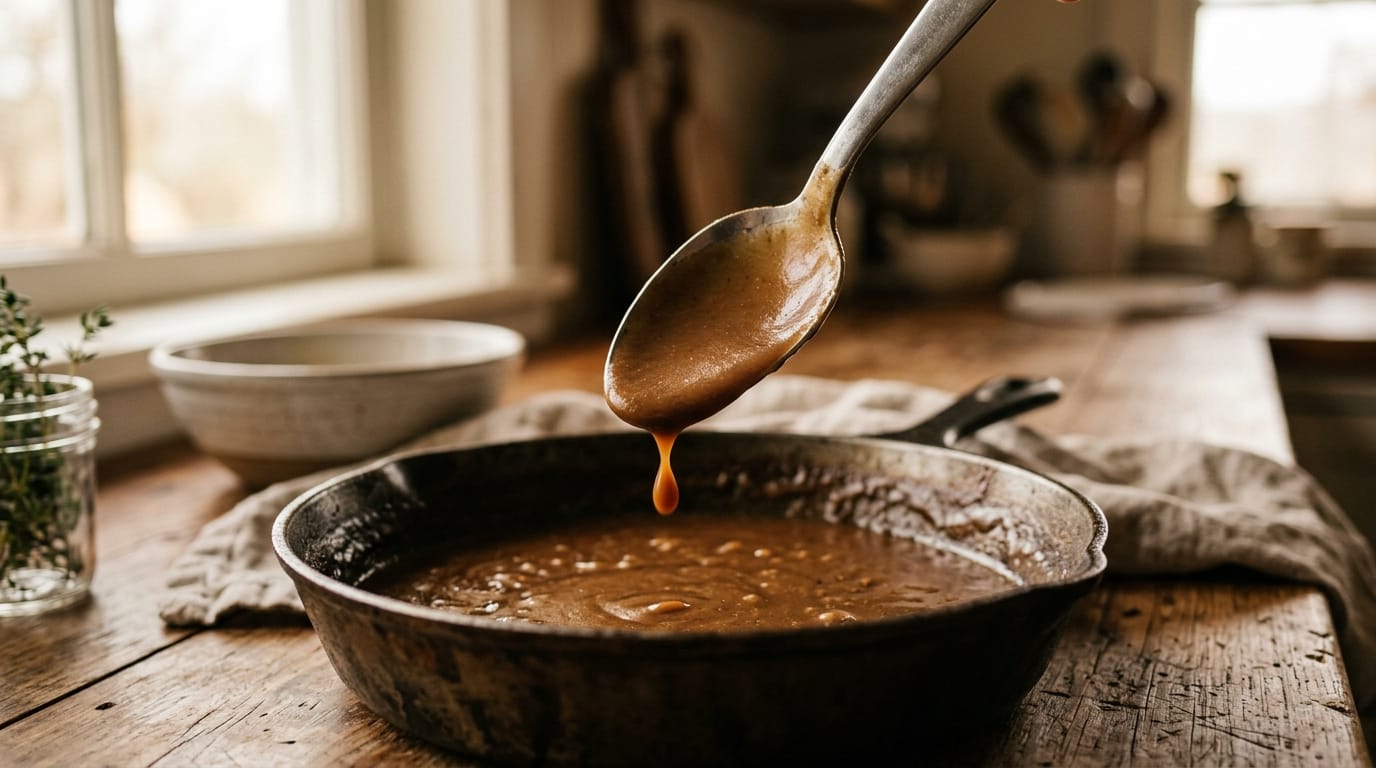 Finished glossy brown gravy coating the back of a spoon