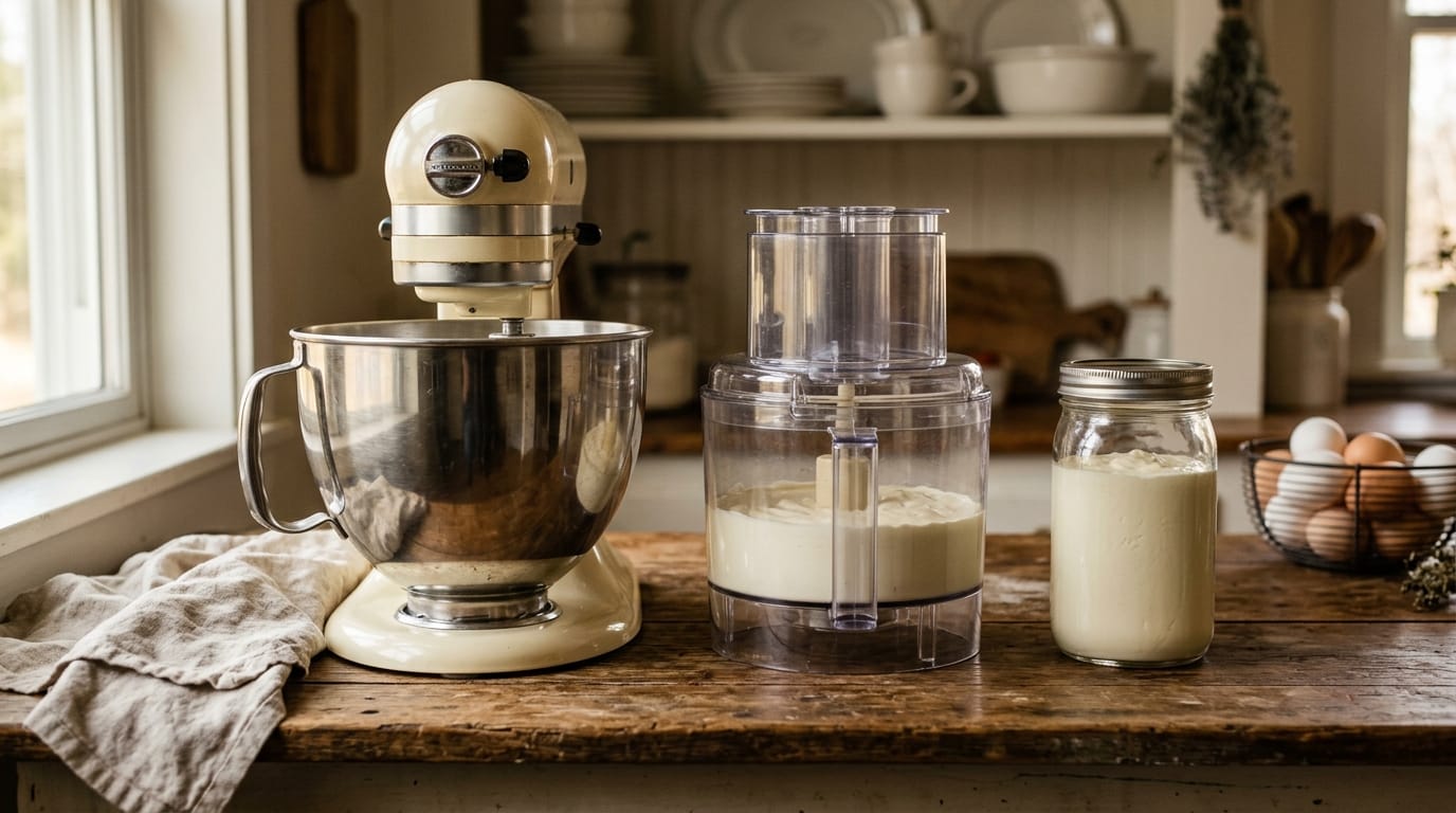 Stand mixer, food processor, and lidded glass jar each holding cream for butter making