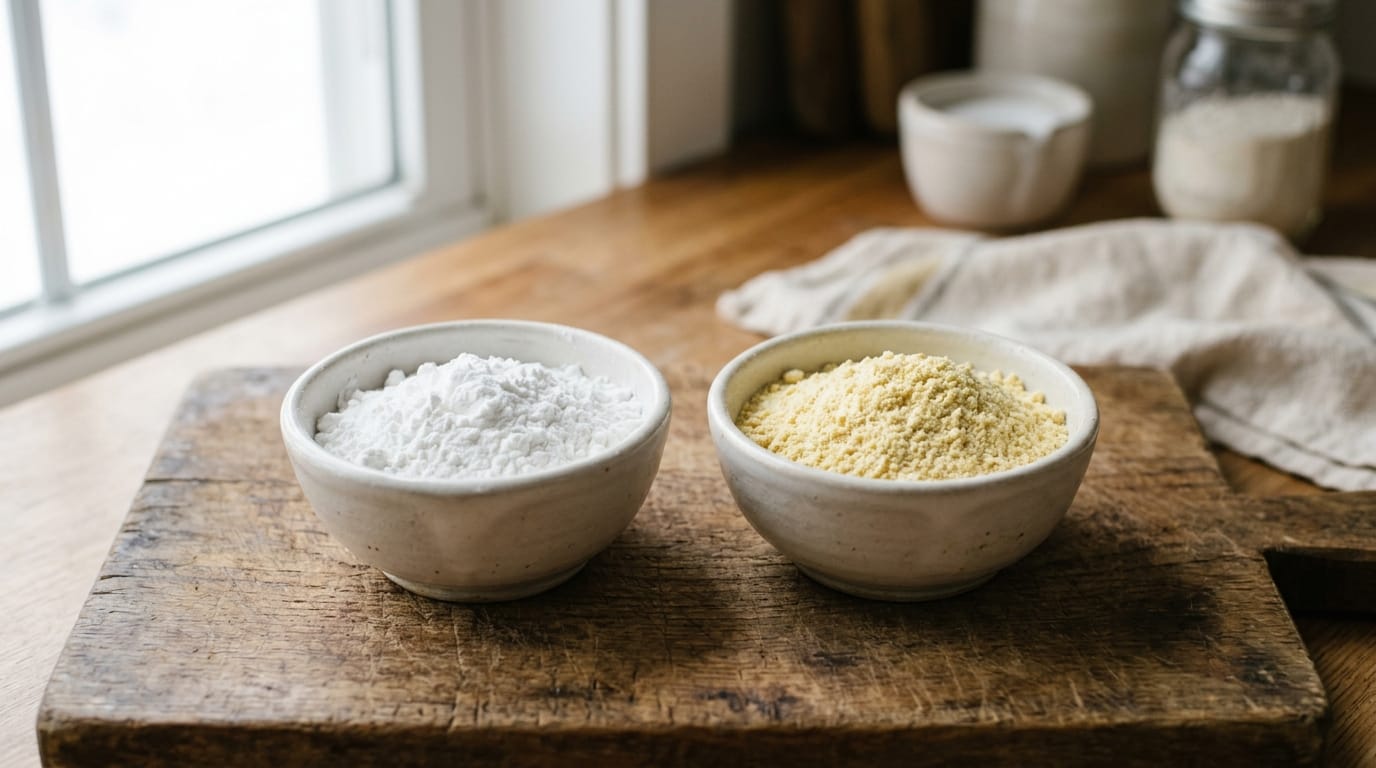 White cornstarch beside pale yellow corn flour showing the color difference