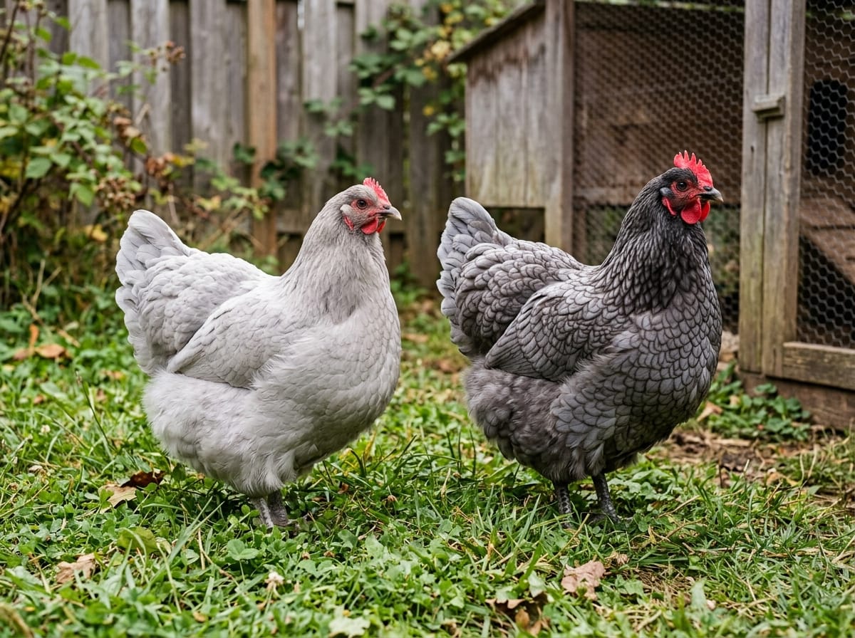 A soft even-gray lavender Orpington beside a darker slate-blue laced Orpington
