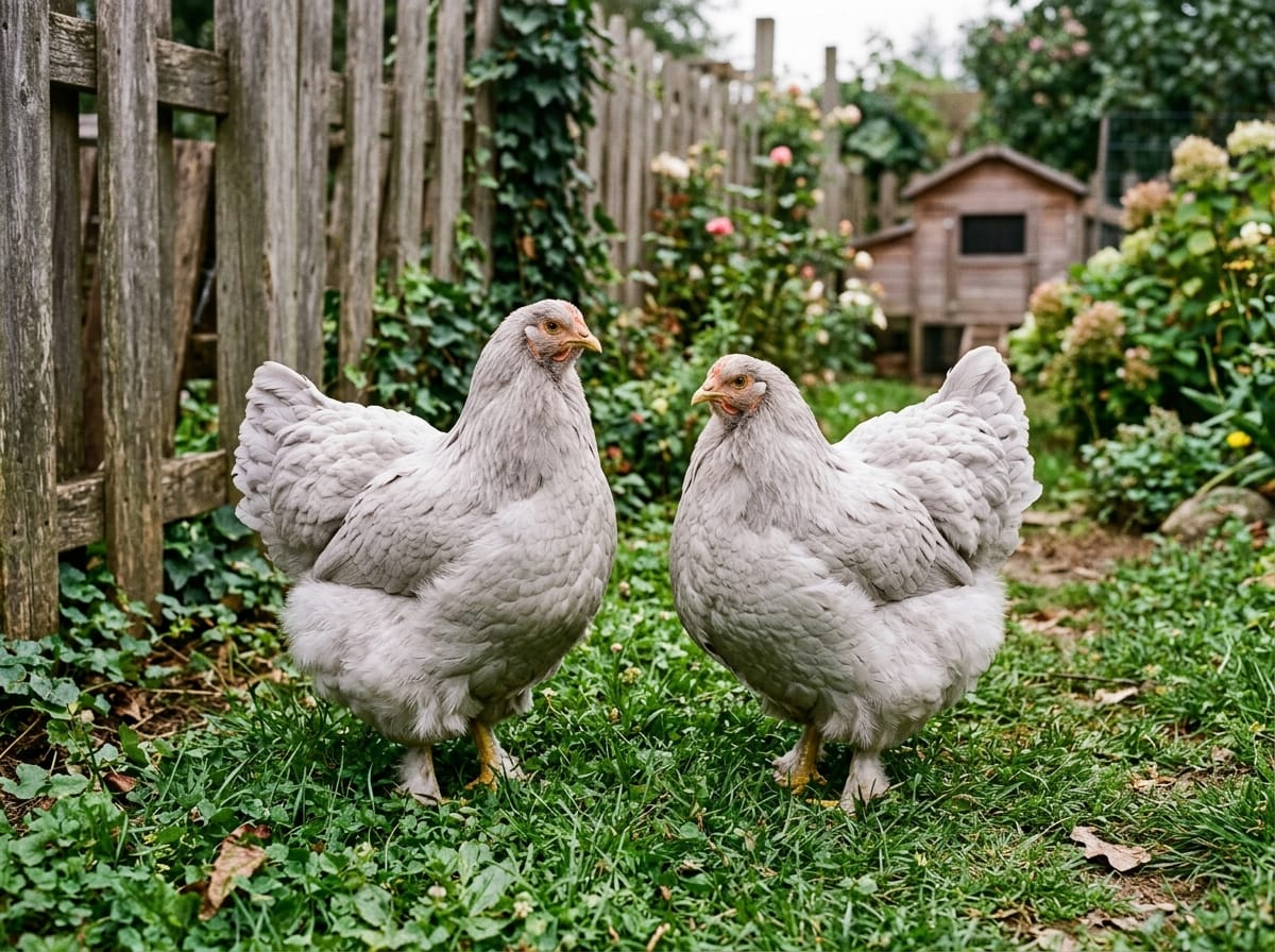 Two fluffy lavender Orpington hens standing together on grass