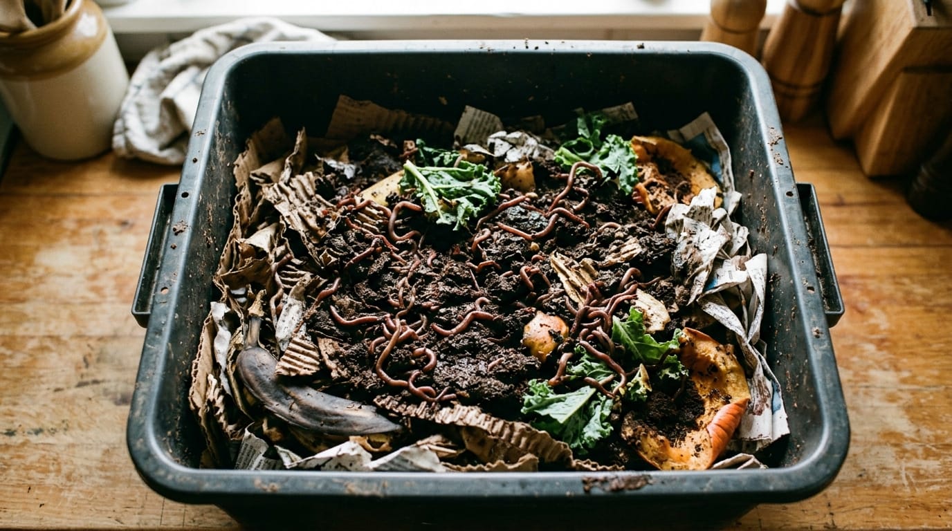 Red wiggler worms in shredded bedding inside a plastic worm bin
