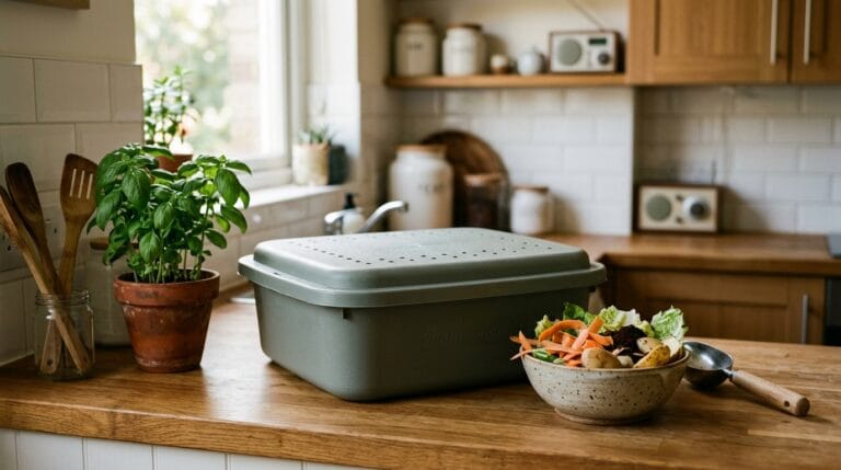 A shallow indoor worm composting bin on a kitchen counter
