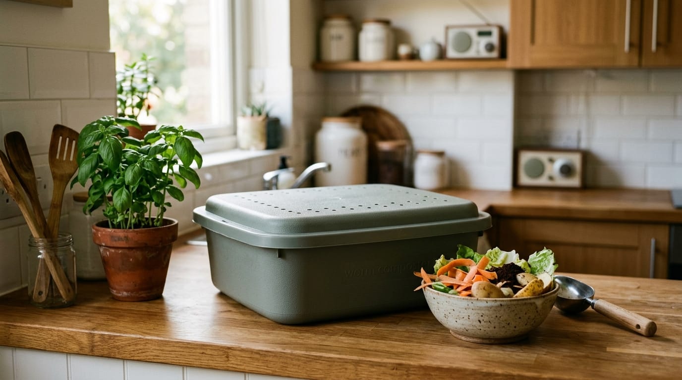 A shallow indoor worm composting bin on a kitchen counter