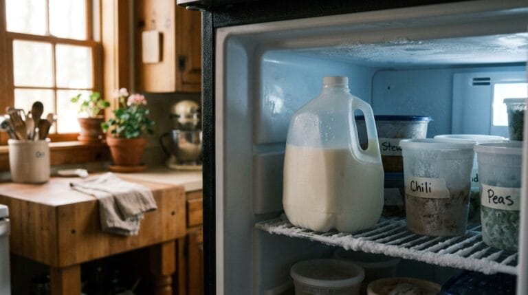 Plastic jug of milk with headspace poured off, sitting in a home freezer