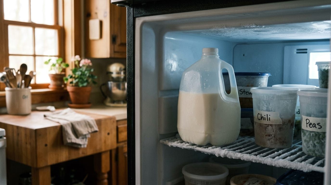 Plastic jug of milk with headspace poured off, sitting in a home freezer