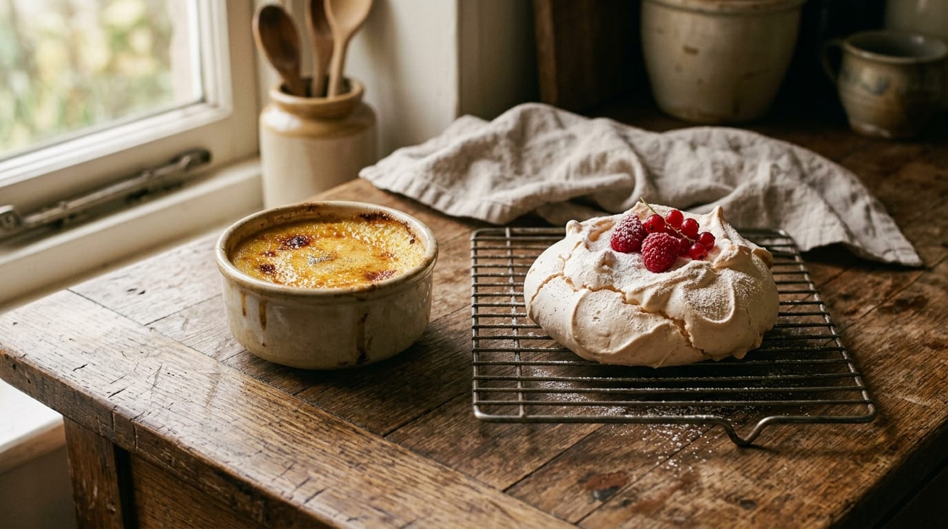 Baked custard and meringue on a counter representing egg-dependent recipes