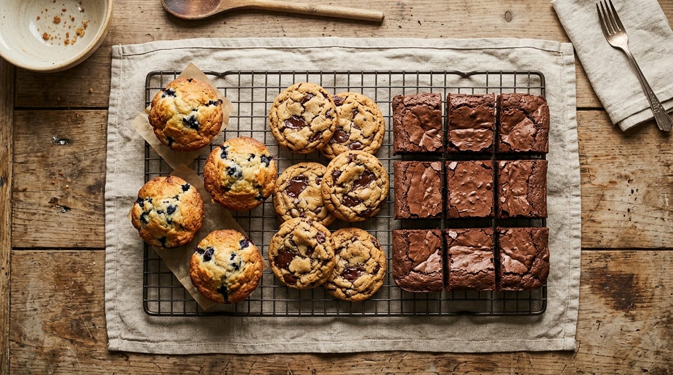 Cooling rack with muffins, cookies and brownies baked without eggs