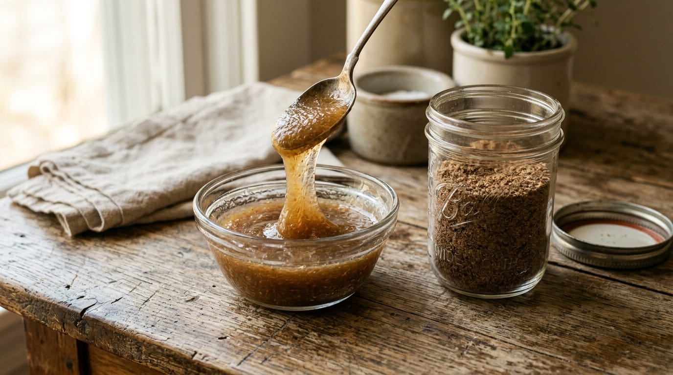 Flax egg gelling in a small glass bowl beside a jar of ground flaxseed