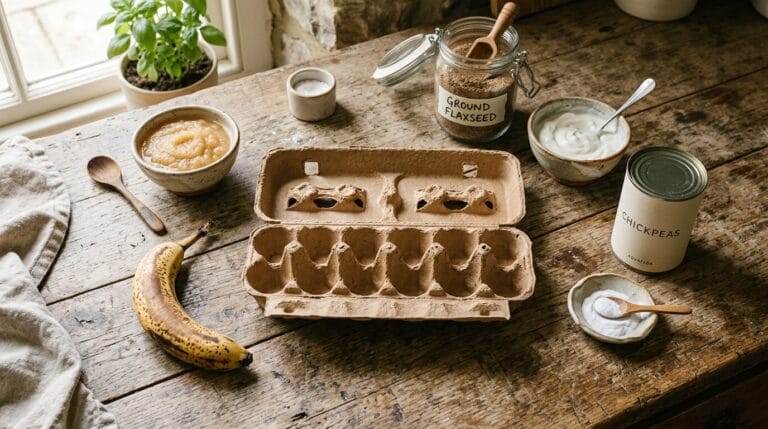 Common egg substitutes arranged on a kitchen counter including applesauce, banana, flaxseed and yogurt