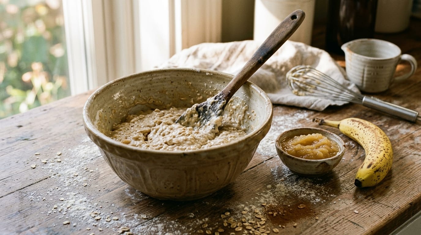 Muffin batter being folded in a ceramic bowl with applesauce nearby egg substitutes for baking