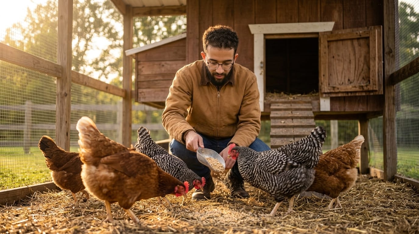 Scattering the morning feed while the hens gather around the scoop