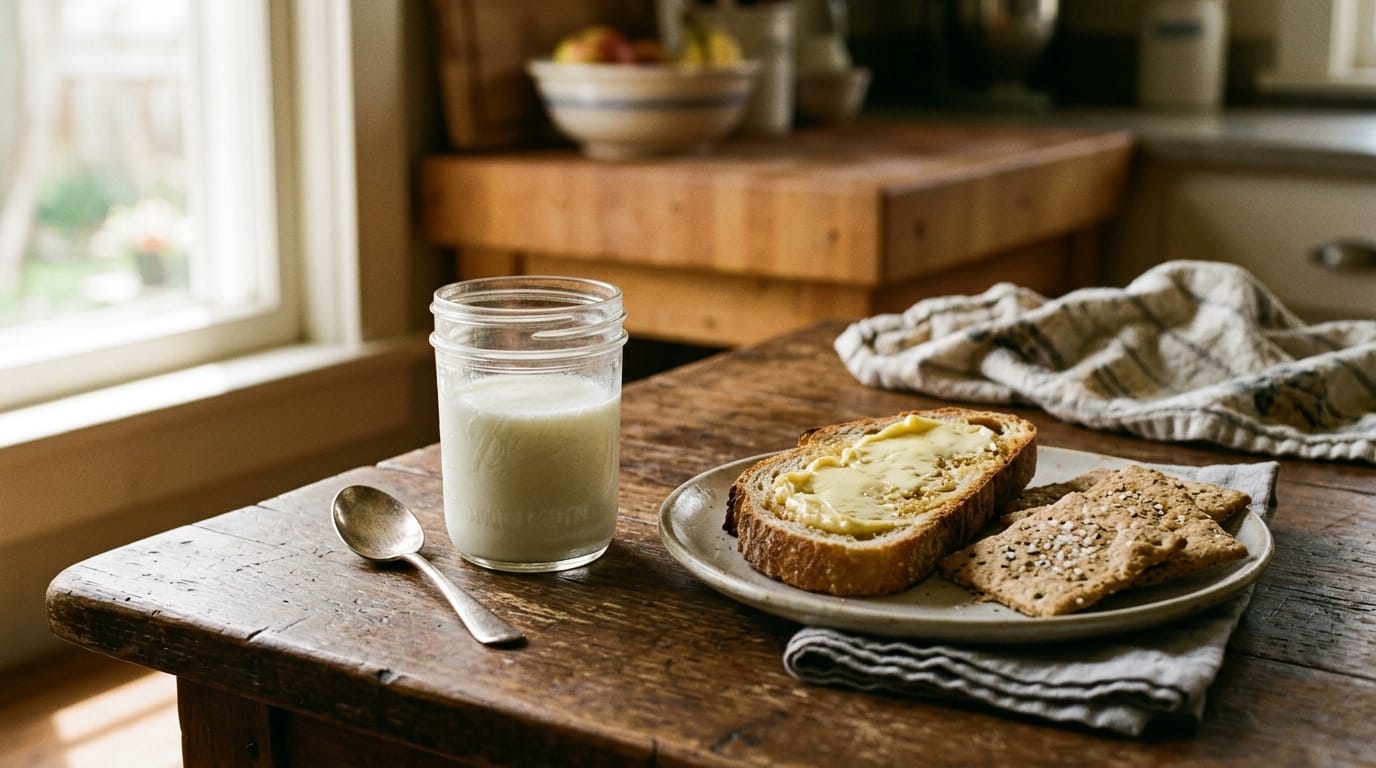 Jar of fresh buttermilk beside homemade crackers and a slice of sourdough spread with butter