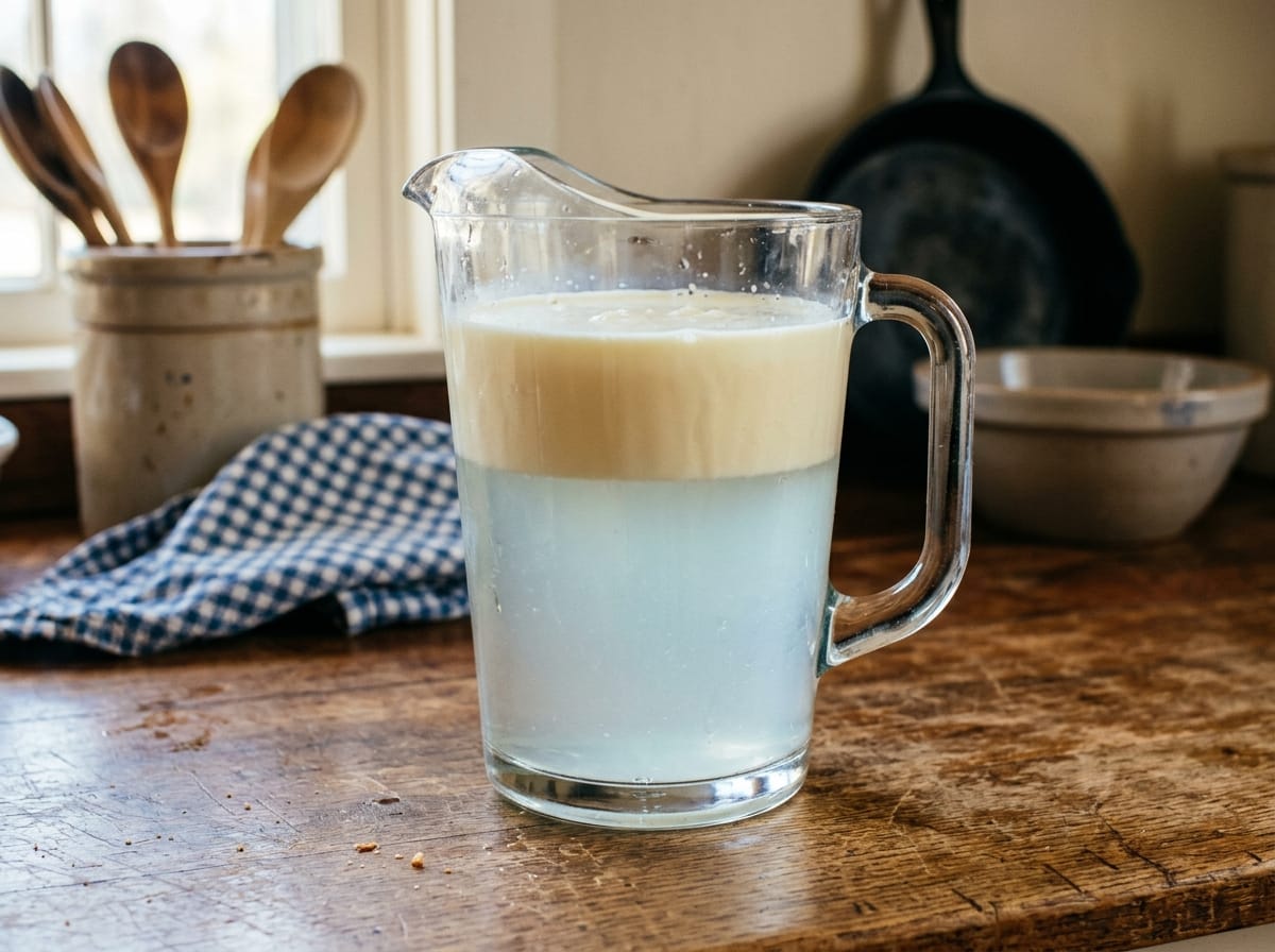Thawed milk in a glass jug showing separated watery and creamy layers, Can You Freeze Milk?