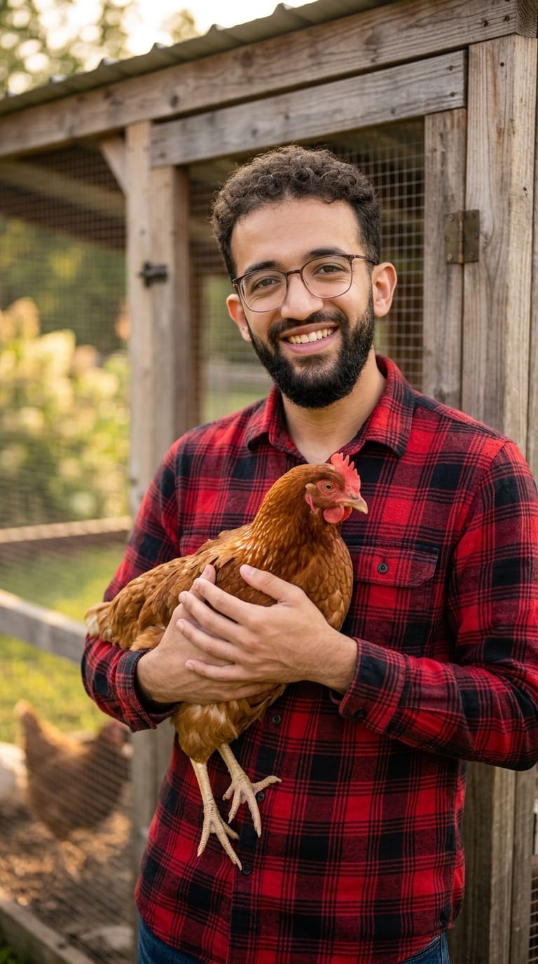 Holding one of our calm, docile hens against my chest in the run