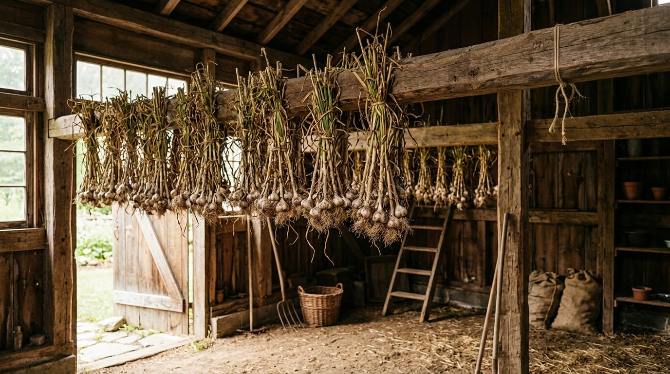 Whole garlic plants hanging in bundles to cure in an airy shaded barn
