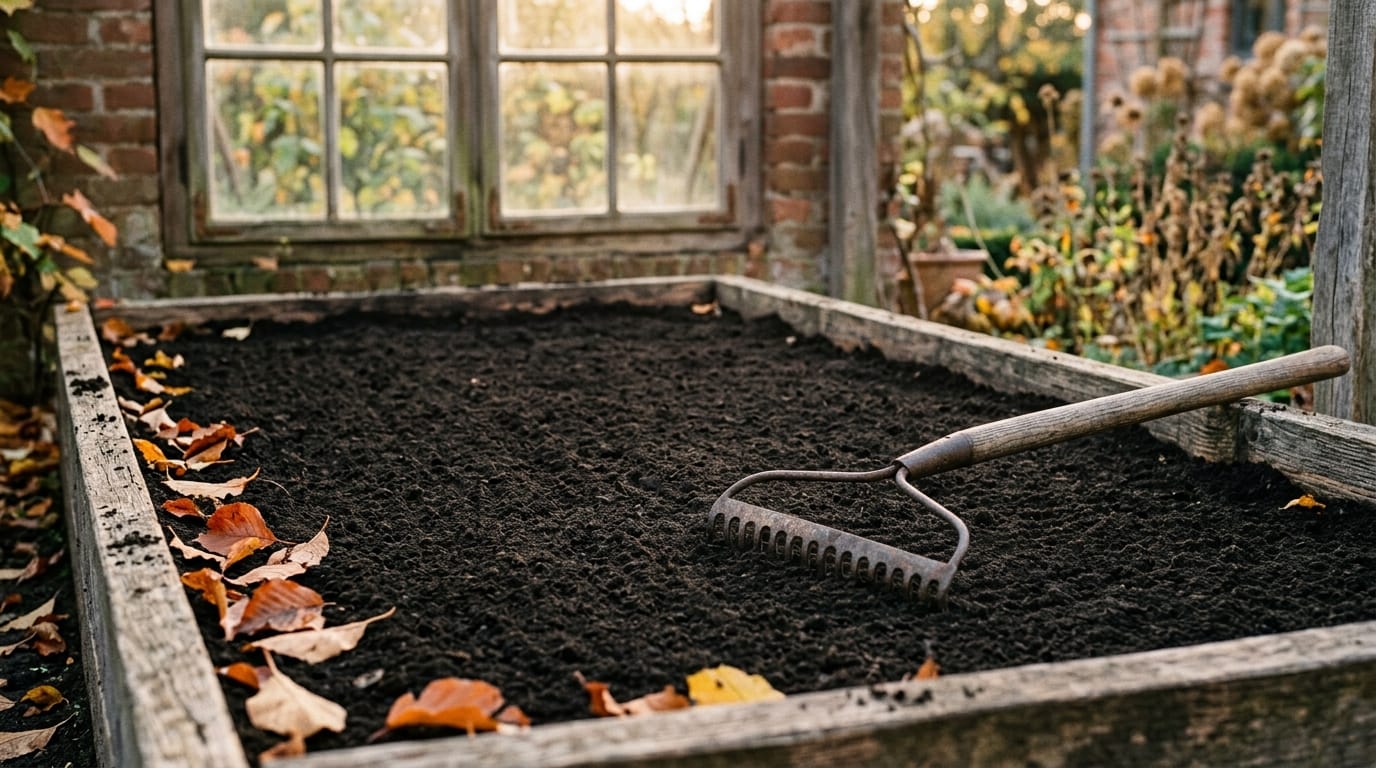 Garden bed prepared for fall garlic planting with autumn leaves at the edges