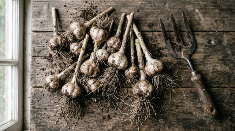 Freshly harvested garlic heads with roots and soil resting on a weathered wooden table