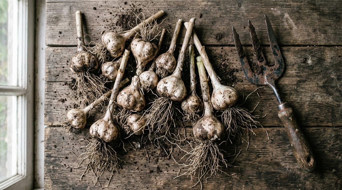 Freshly harvested garlic heads with roots and soil resting on a weathered wooden table