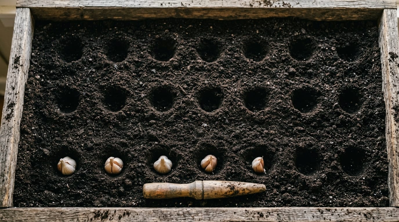 Garlic cloves set pointy end up in evenly spaced holes in dark garden soil, how to grow garlic