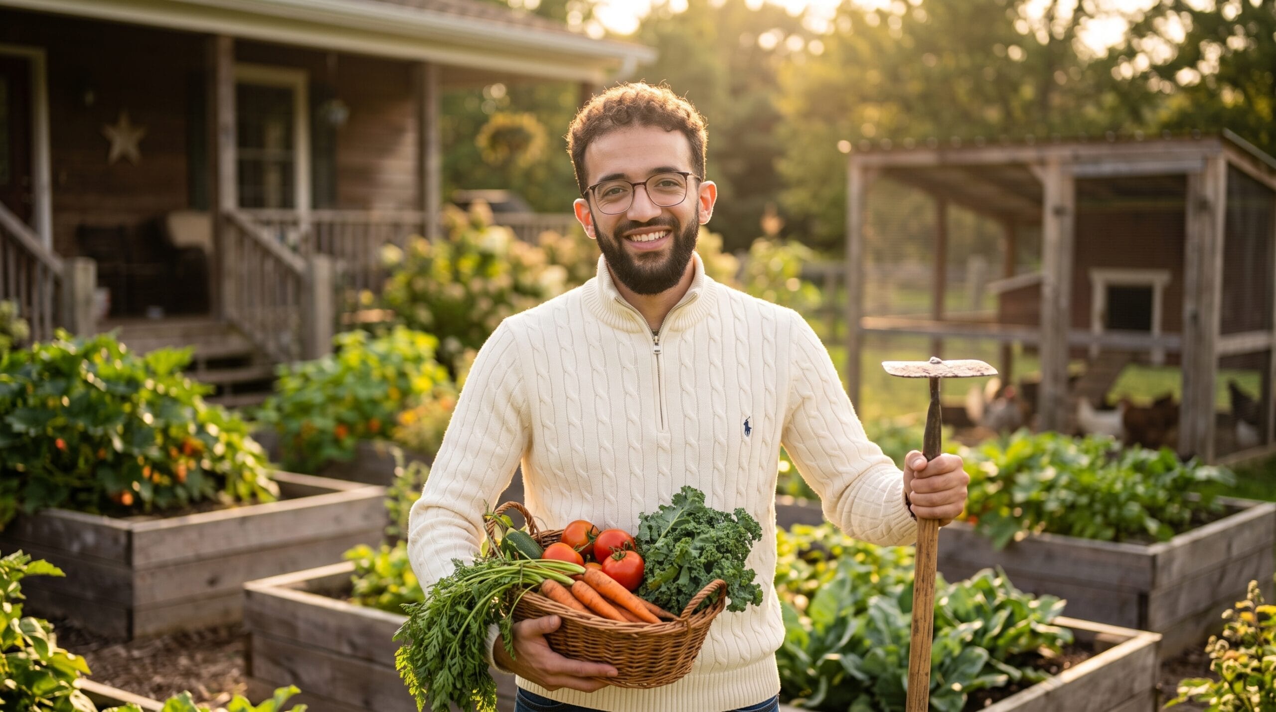 The editor of In Homestead in his garden, holding a basket of fresh vegetables beside the raised beds and chicken coop
